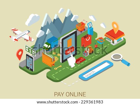 Flat online web site shopping internet process infographics 3d isometric concept. E-commerce store on tablet, payment terminal. Search item, buy, checkout, payment, delivery, shipping icons collage.