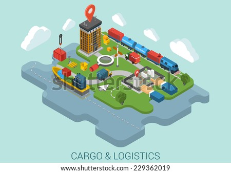 Flat 3d isometric cargo delivery logistics shipping business infographic concept vector. Container ship city port crane, road truck, train railroad cistern, mark point, hands on touch screen tablet.