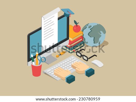 Flat 3d web isometric online education, e-learning, courses infographic concept vector. Arms on keyboard, apple, desktop computer, globe, books, flash drive, document, graduation cap.