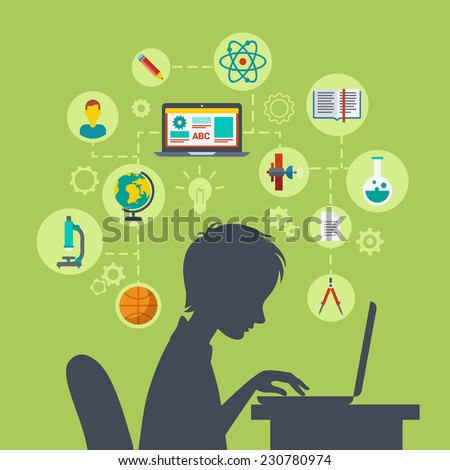 Flat style modern web infographic e-learning, online education, knowledge power, perspective, future growing concept vector illustration. Young school boy silhouette over table with laptop excited.