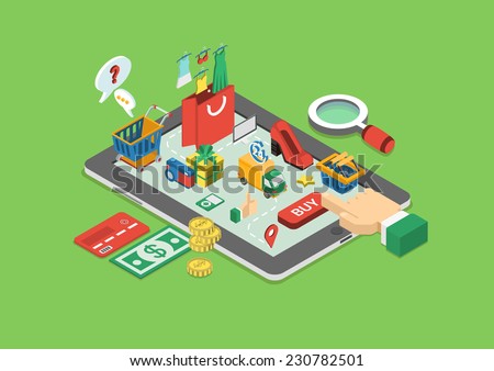 Flat 3d web isometric e-commerce, electronic business, online shopping, payment, delivery, shipping process, sales, black friday infographic concept vector. Arm finger touch tablet buy button.
