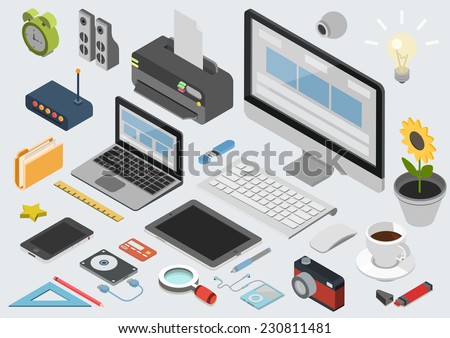 Flat 3d isometric computerized technology designer workspace infographic concept vector. Tablet, laptop, smart phone, camera, player, printer, desktop computer, printer, peripheral devices icon set.