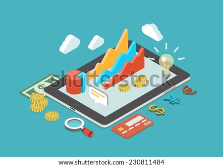 Flat 3d isometric mobile application, business analytics, finance analysis app, sales statistics, monetary concept infographic vector. Collage icons: chart graphs, tablet, coins, credit card, dollar.