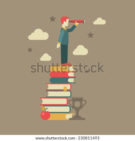 Flat education future vision concept. Man looking through spyglass stands on book heap, apple, clouds, stars, cup winner. Conceptual web illustration for power of knowledge, meaning of being educated.