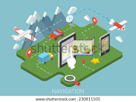 Flat map mobile GPS navigation infographic 3d isometric concept. Tablet, phone, digital map paper route pin markers. Aerial transport plane land car van satellite antenna receiver signal transmitter.