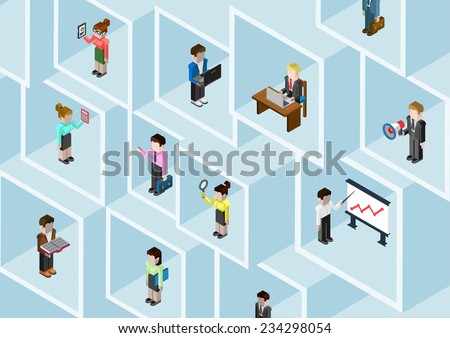 Flat 3d isometric business people professional diversity web infographic concept vector. Different professions businessman businesswoman in square room slots wall. Social network teamwork. Headhunting