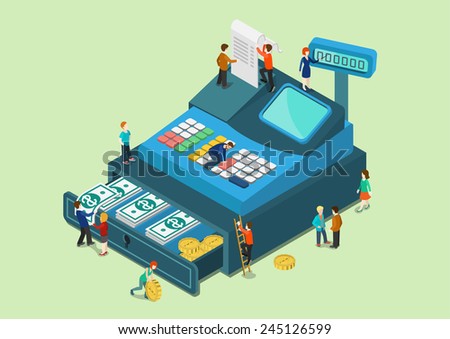 Flat 3d web isometric little people on big oversize cash register machine infographic concept vector. Fabulous mini human characters finance retail sale monetary concept. Creative people collection.