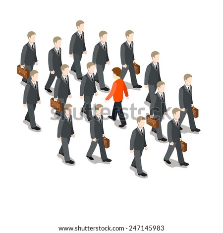 Stem the tide. Breast the current. Own way in business concept flat 3d web isometric infographic vector. Red businessman walk against crowd of grey usual men. Creative people collection.