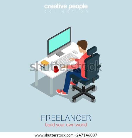 Freelancer at work flat 3d web isometric infographic concept vector. Build your own world creative people collection.