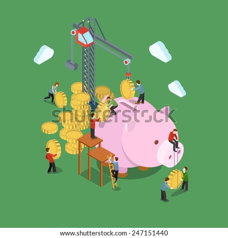 Investment process concept flat 3d web isometric infographic vector. Crane and people put in coins to moneybox. Creative people financial monetary piggy bank savings collection.