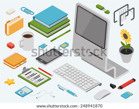 Flat 3d isometric computer technology workspace infographic concept vector icon set. All in one desktop PC, smart phone, books, folder, memory card, address book, music player, flower, wireless mouse.