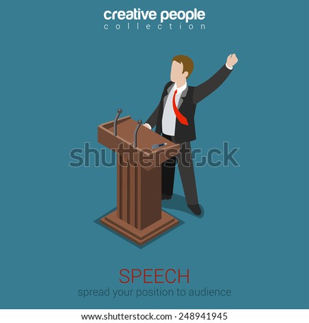 Tribune speech business politics concept flat 3d web isometric infographic vector. Emotional report presentation to audience voter electorate. Creative people collection.