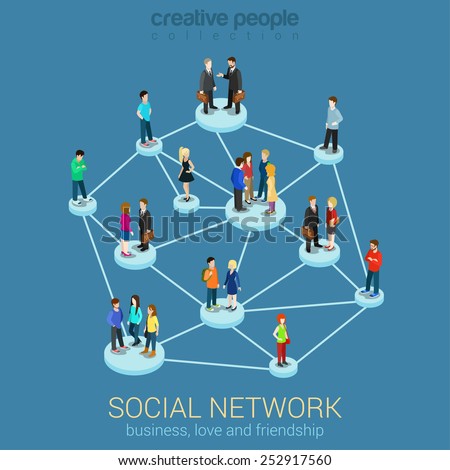 Social network media global people communication information sharing flat 3d web isometric infographic concept vector. Pedestals connection business love friendship. Creative people collection.