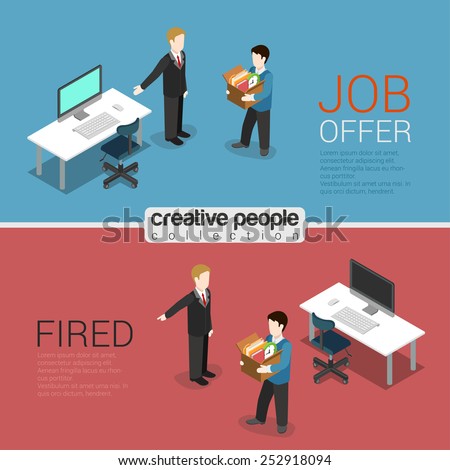 HR job offer and fired dismissal flat 3d isometric modern trendy stylish concept vector illustration. Boss welcome newbie pointing new workplace, showing way dismissed out. HR conceptual collection.