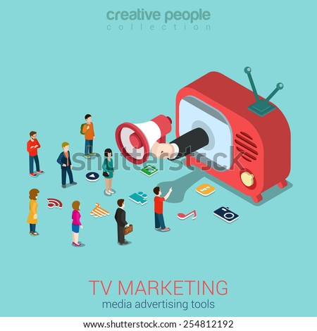 TV marketing advertisement shopping sale flat 3d web isometric infographic concept vector. Hand loudspeaker sticks from retro antenna TV-set micro people and service icons. Creative people collection.