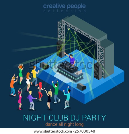 Night club dance DJ party flat 3d web isometric infographic concept vector template. Performance electronic music concept Dee-Jay set. Group young men girls dancing scene. Creative people collection.