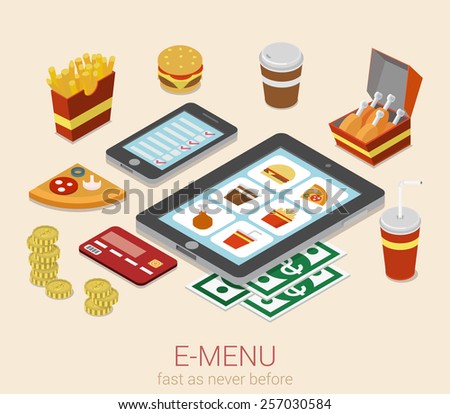 E-menu electronic mobile device menu meal online order flat 3d isometric cafe restaurant bistro fastfood infographic web concept template. Burger sandwich pizza fried potato cola phone tablet website.