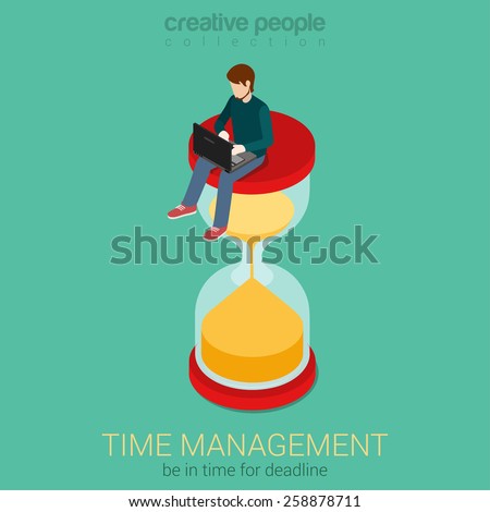 Time management project plan schedule flat 3d web isometric infographic business concept vector. Young man with laptop sitting on top of hourglass legs dangling. Creative people collection.