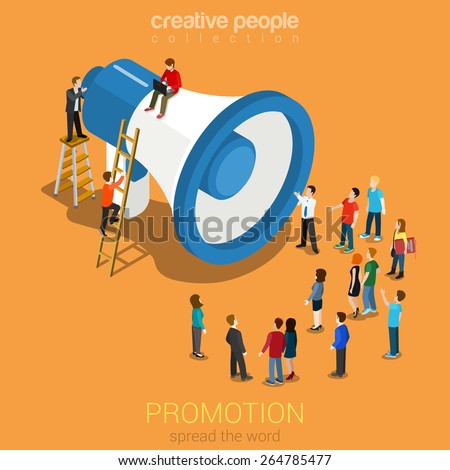 Social media promotion online marketing flat 3d web isometric infographic modern technology communication concept. Huge loudspeaker micro people listening. Spread the word. Creative people collection.  Stock foto © 