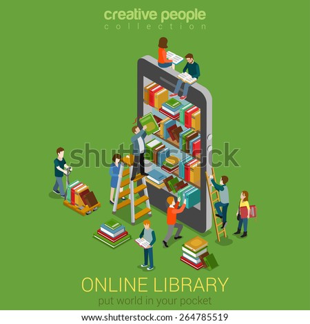 Online mobile library creative modern 3d flat design web isometric concept. Library shelf in smart phone tablet micro people on ladders reading put take off books. World knowledge in pocket. 