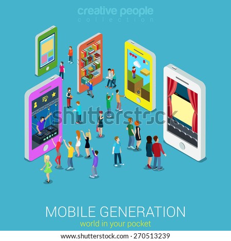 Flat 3d web isometric mobile generation infographic concept vector. Crowded street between smartphones listening music watching tv movie game play library website surfing. Creative people collection.