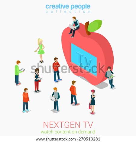 Nextgen online internet tv flat 3d web isometric infographic vector. Next generation television. Micro people crowd before huge apple shaped tv set screen. Creative people collection.