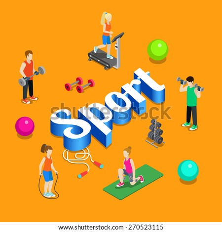 Sport gym modern lifestyle flat 3d web isometric infographic vector. Young joyful micro male female crowd group sports workout exercise yoga athletics on huge letters. Creative people collection.