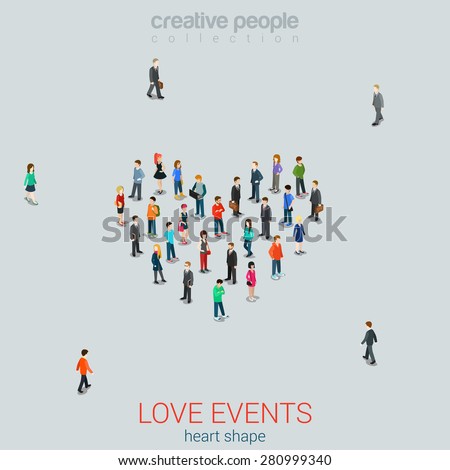 People standing as Heart shape flat isometric 3d style vector illustration.\
Love concept idea. Creative people collection.