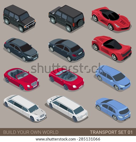 Flat 3d isometric high quality city transport icon set. Car sportscar SUV luxury high class sedan limousine limo convertible cabrio. Build your own world web infographic collection.