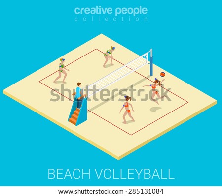 Beach volleyball field team match play sport modern lifestyle flat 3d web isometric infographic vector. Young joyful women group sports workout exercise. Creative sportsmen people collection.