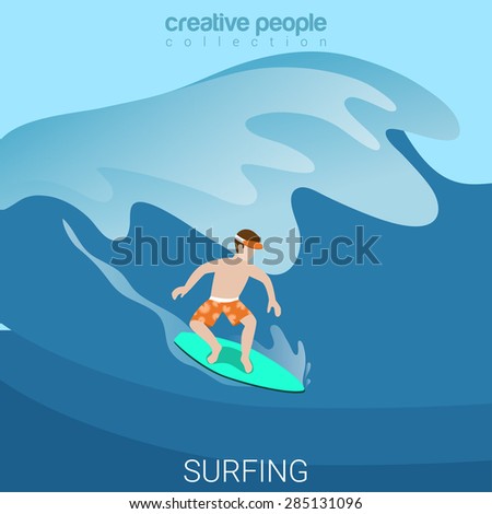 Water activity surfing sport fun lifestyle flat 3d web isometric infographic vector. Creative sportsmen people collection.