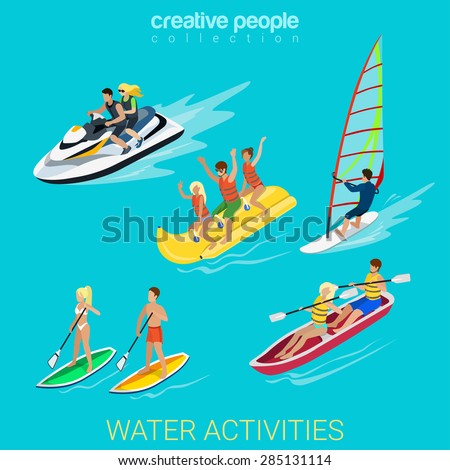 Water activity sport fun lifestyle flat 3d web isometric infographic vector. Young joyful micro people wind surfing water scooter kayaking boating banana riding. Creative sportsmen people collection.