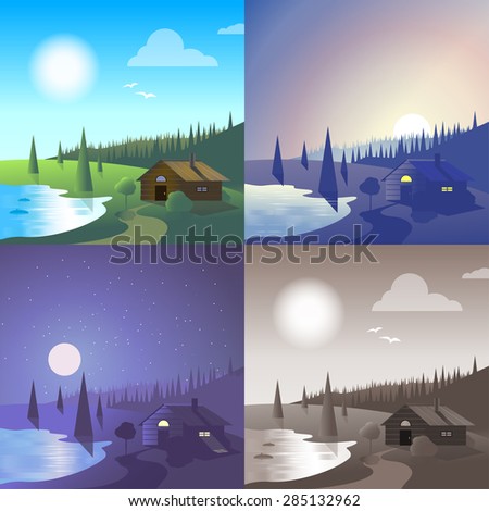 Flat lake house landscape river bank wild forest scene set. Stylish web banner nature outdoor collection. Daylight, night moonlight, sunset view, retro vintage picture sepia.