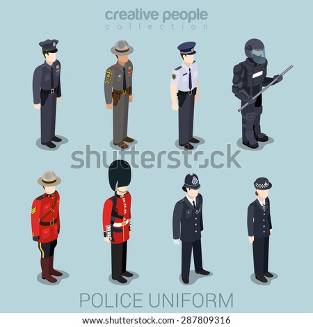 Police officer commander patrol SWAT people in uniform flat isometric 3d game avatar user profile icon vector illustration set. Creative people collection. Build your own world.