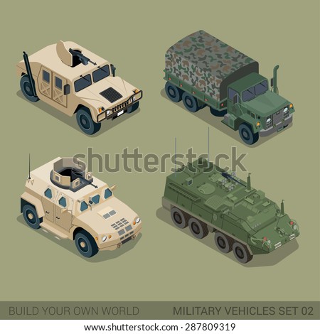 Flat 3d isometric high quality military road transport icon set. Patriot armored personnel carrier mil truck cargo ammunition ammo van. Build your own world web infographic collection.