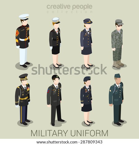 Military army officer commander patrol SWAT people in holiday uniform flat isometric 3d game avatar user profile icon vector illustration set. Creative people collection. Build your own world.