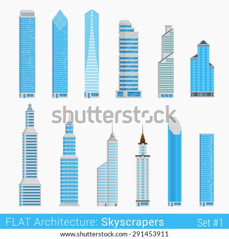 Flat style modern buildings skyscrapers set. City design elements. Stylish design architecture collection.