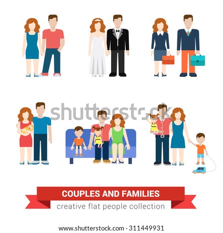 Family couple flat style people newlyweds parenting parents children kids son daughter wife husband boy girl infant infographics user interface profile icons set isolated illustration collection