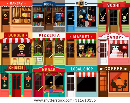 Flat style cafe restaurant bistro little tiny fancy cool shop big icon set. Bakery bookstore music sushi burger pizzeria food market candy Chinese kebab coffee.
