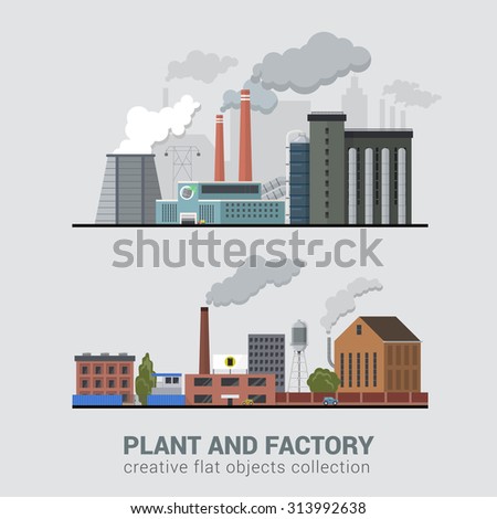 Flat style modern multi color set of stylish pollutive heavy industry plant factory manufacture buildings production business process. Eco unfriendly hostile atmosphere pollution chimney smoke concept