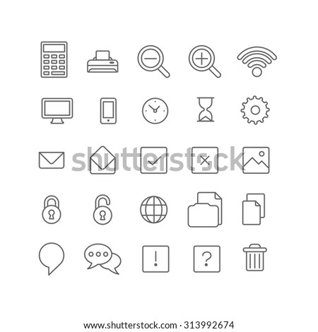 Line art style flat graphical set of web site mobile interface app icons. Calculator printer zoom wifi clock hourglass cog email picture lock unlock chat copy delete help FAQ. Lineart world collection