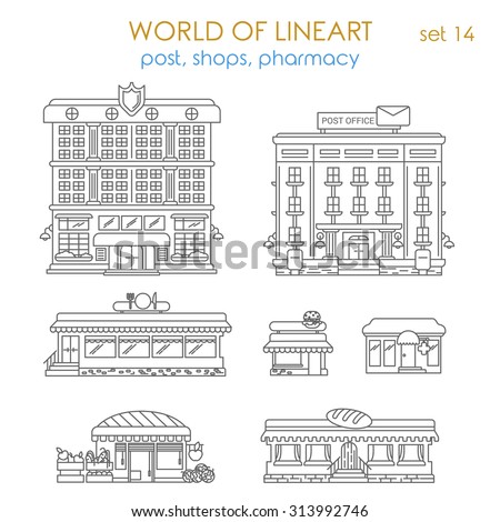 Architecture city public business estate building post office police station pharmacy bakery cafe restaurant fast food local business graphical line art style icon set. World of lineart collection.