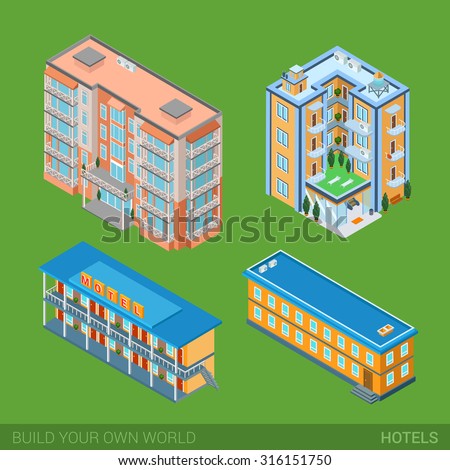 Architecture modern city Hotel buildings icon set flat 3d isometric web illustration vector. Apartment house, hotel, Road motel. Build your own world web infographics collection