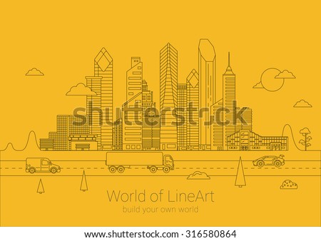 Lineart cityscape Business Skyscrapers poster design vector template.\\
Line art Commercial property City life Banner idea. Linear outline Real Estate concept.