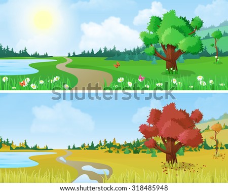 Tree on scenic landscape lake shore road seasons: spring summer autumn. Floral nature grass background changing seasons set collection.