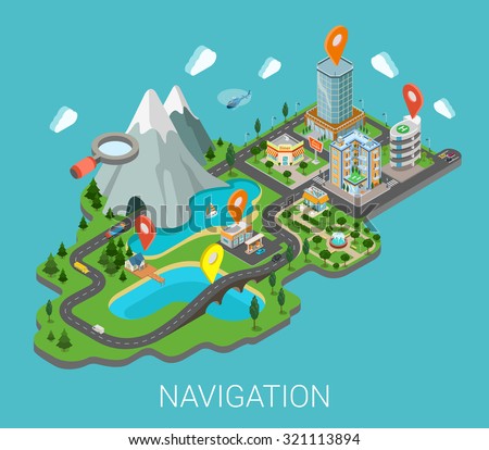 Flat 3d isometric map mobile GPS navigation app infographic concept. City countryside lake mountain gas station park restaurant bridge hotel shopping mall route pin markers. Navigate info graphics.