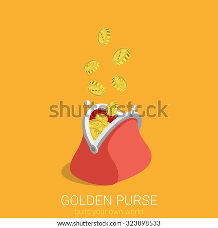 Flat 3d isometric creative golden purse web infographics concept. Gold coins raining to open wallet. Creative people collection.