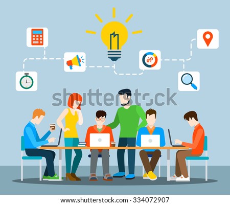 Flat style idea brainstorming creative team concept web infographics vector illustration. Creative people collection. Group of casual young male female working table icon connections.