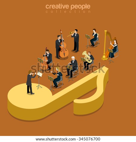 Classic instrumental orchestra concert flat 3d isometry isometric music show concert concept web vector illustration. Micro classical musician band playing on huge note. Creative people collection.