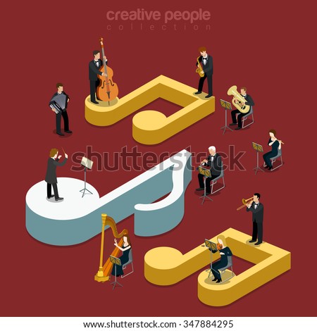 Classic instrumental orchestra concert flat 3d isometry isometric music show concert concept web vector illustration. Micro classical musician band playing on huge notes. Creative people collection.